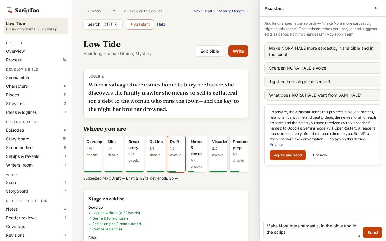 The first time in a project it says what is sent, and where, before anything leaves the browser.