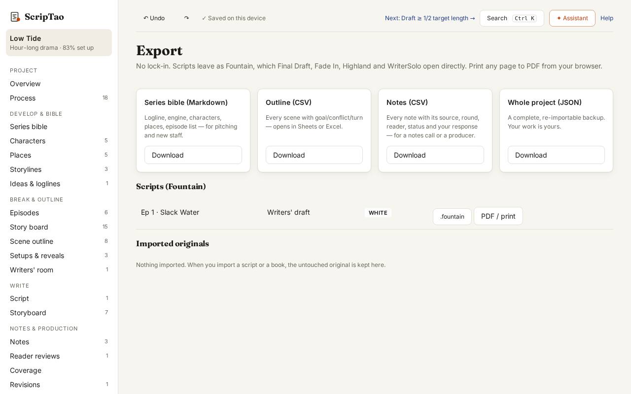 Export: pick what you need: the Series bible (Markdown), the outline and notes (CSV), each script (Fountain or PDF), or the whole project (JSON). Imported originals are kept at the bottom.