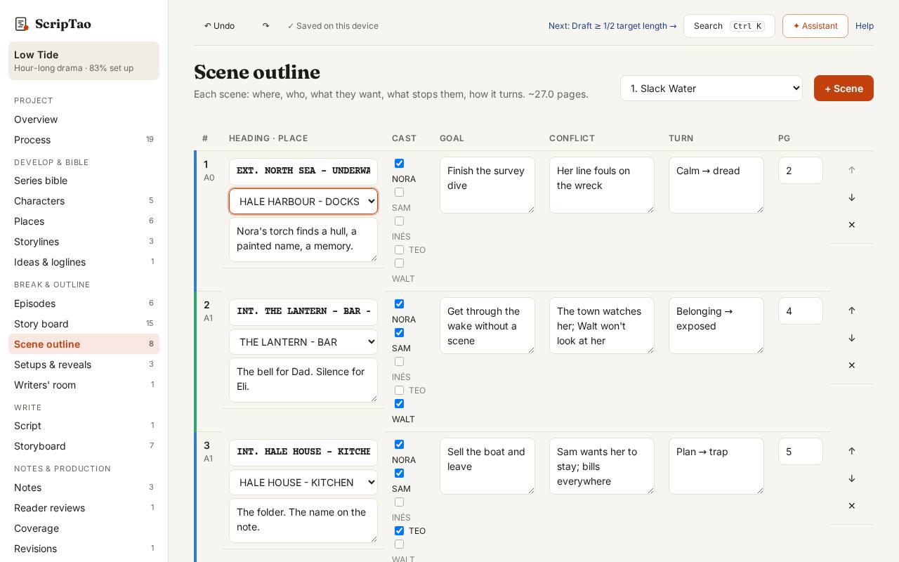 On the scene outline, pick the place in a scene's Place field; the scene heading (INT./EXT. PLACE - DAY) is written for you.