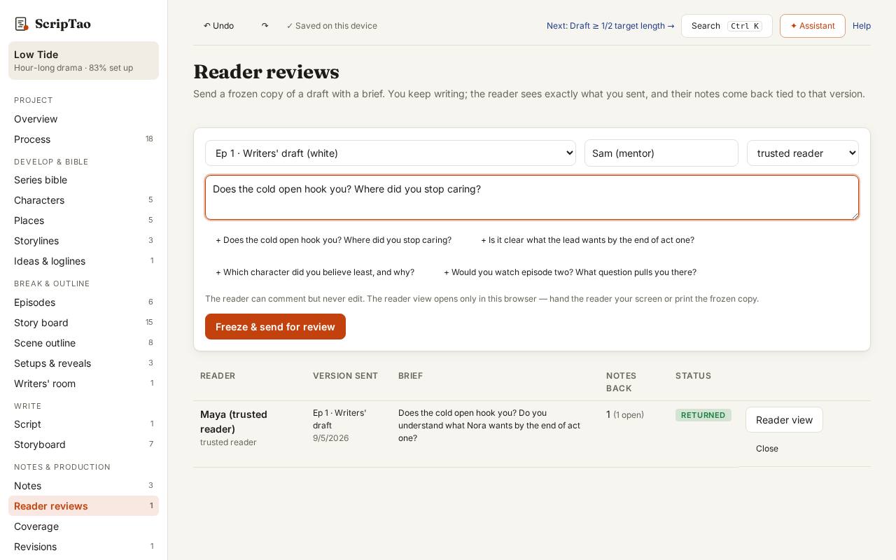 Reader reviews: pick a draft, name the reader and write a brief with the questions you want answered.