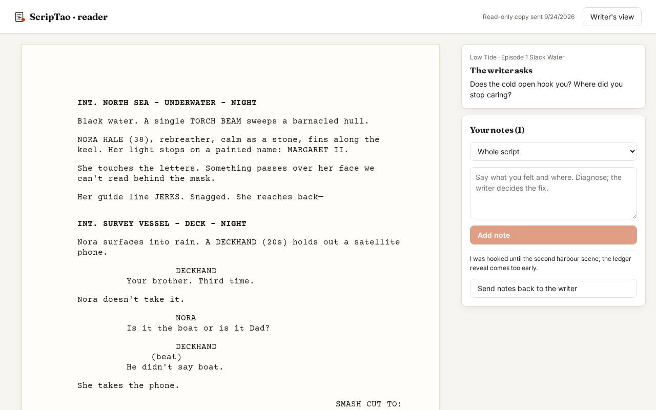 The reader view: the frozen draft, read-only, with a notes box. In this version it opens in this browser.
