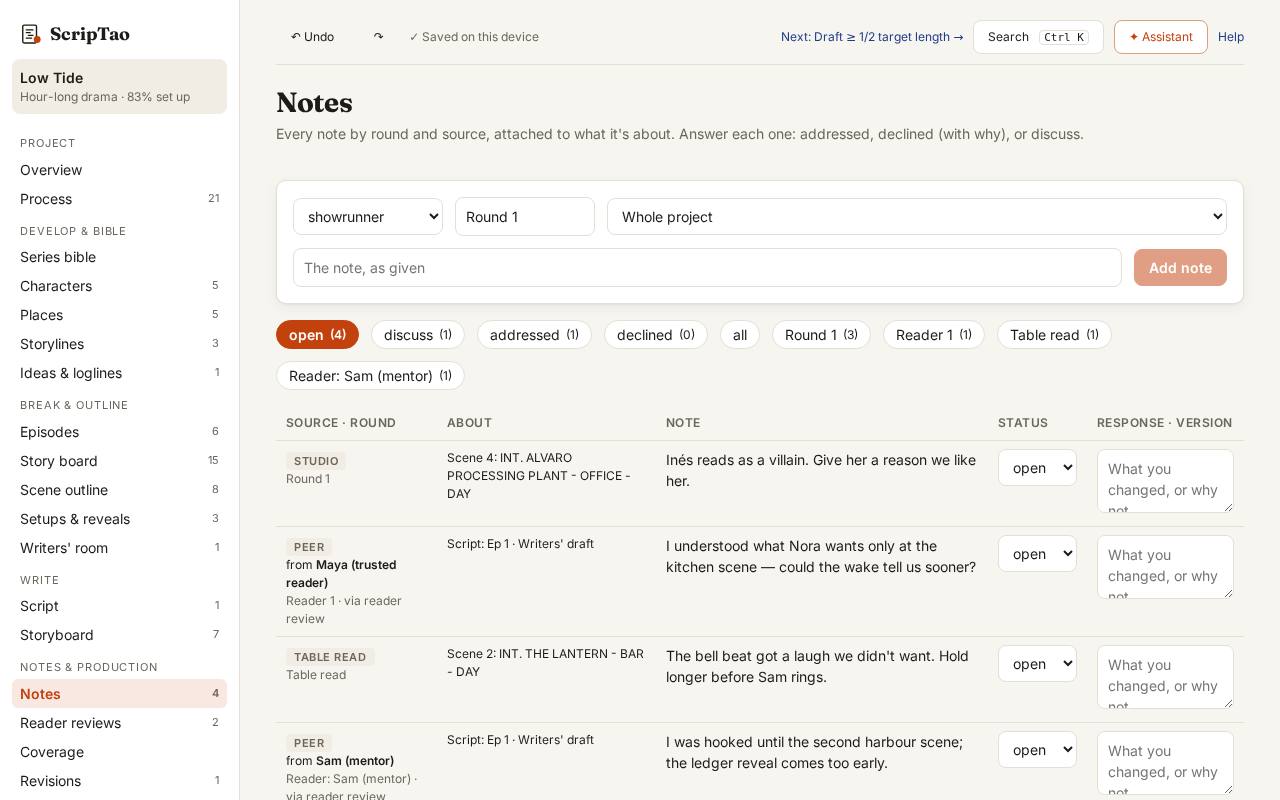 Returned notes land in Notes, tagged with the reader and the draft they read, ready to answer.