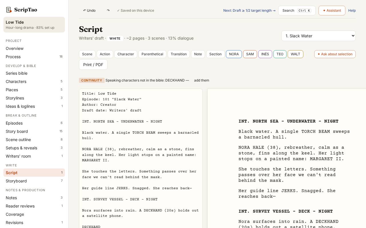 Script: the episode's draft, Fountain text on the left and the formatted page on the right.