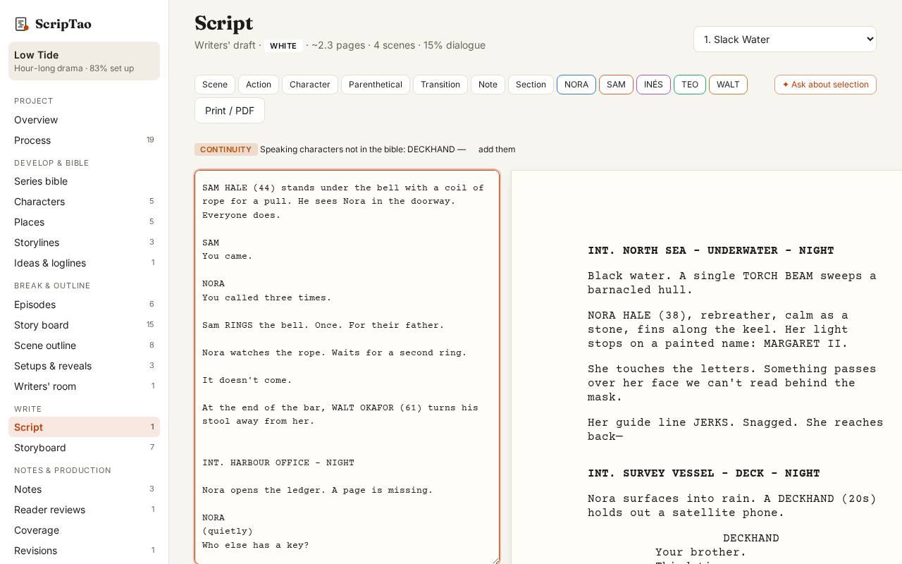 Type plain Fountain: a scene heading, action, a character name, dialogue. The page updates as you type and saves in this browser.