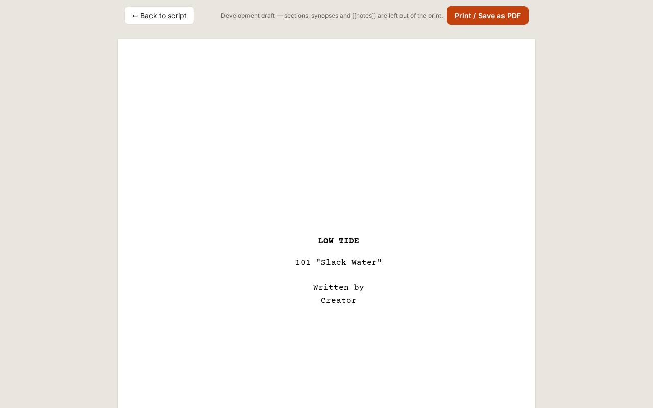 Print / PDF lays the draft out as industry pages with a title page; print it or save it as a PDF.