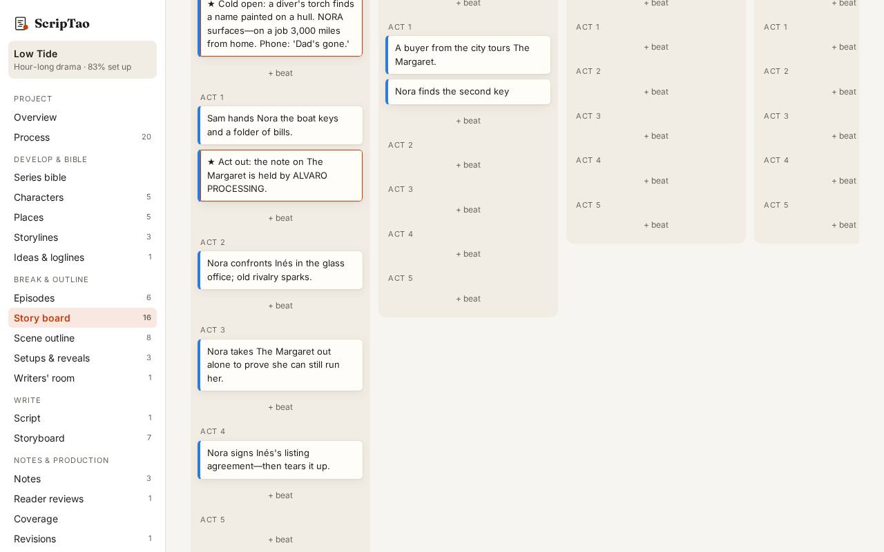 Drag a beat, or use its arrow buttons (Alt+arrows on the keyboard), to move it between episodes and acts. Filter by storyline to see one thread across the season.