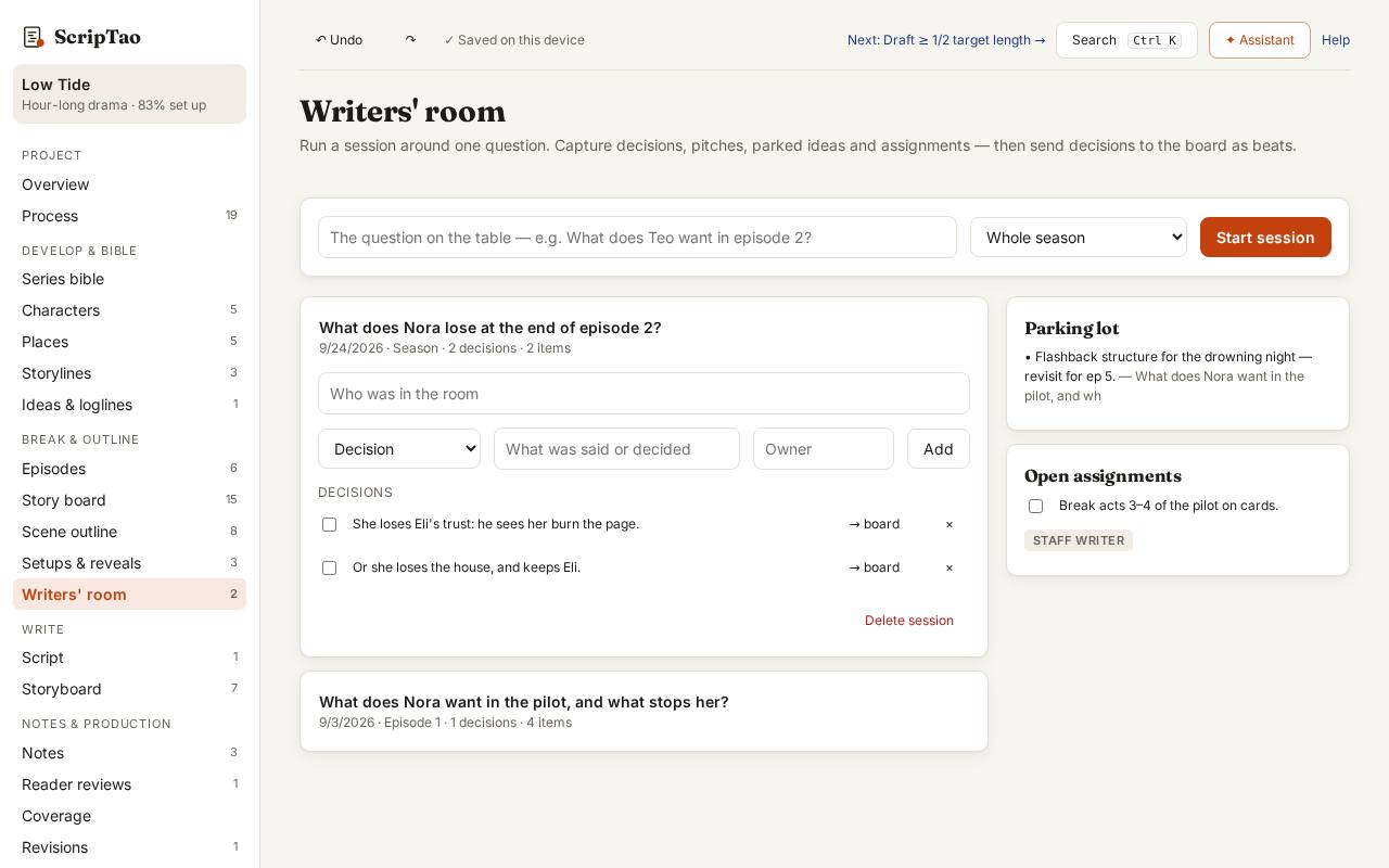 Add items as the room talks: pitches, questions, decisions, assignments.